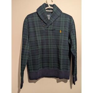 Vintage Mens Polo Ralph Lauren Shawl Collar Sweater Blue Green‎ Plaid Size Small